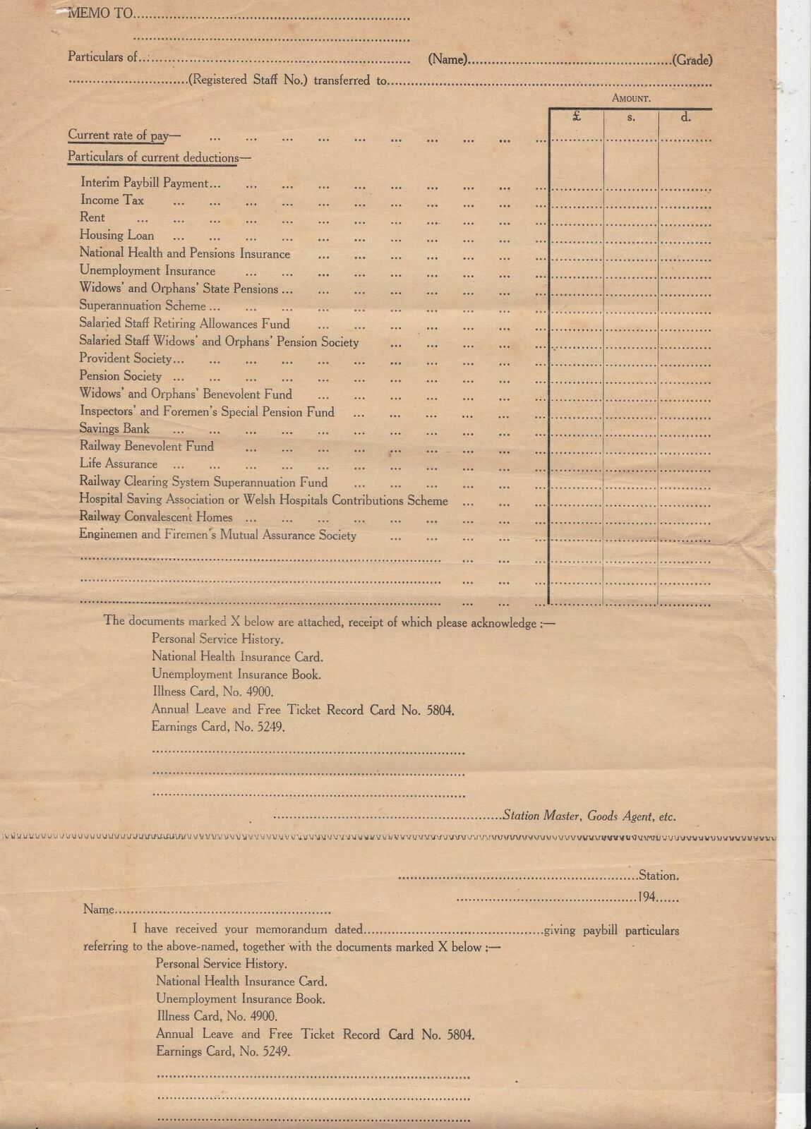 Great Western Railway Official Current Rate of Pay Particulars Form Ref 35569