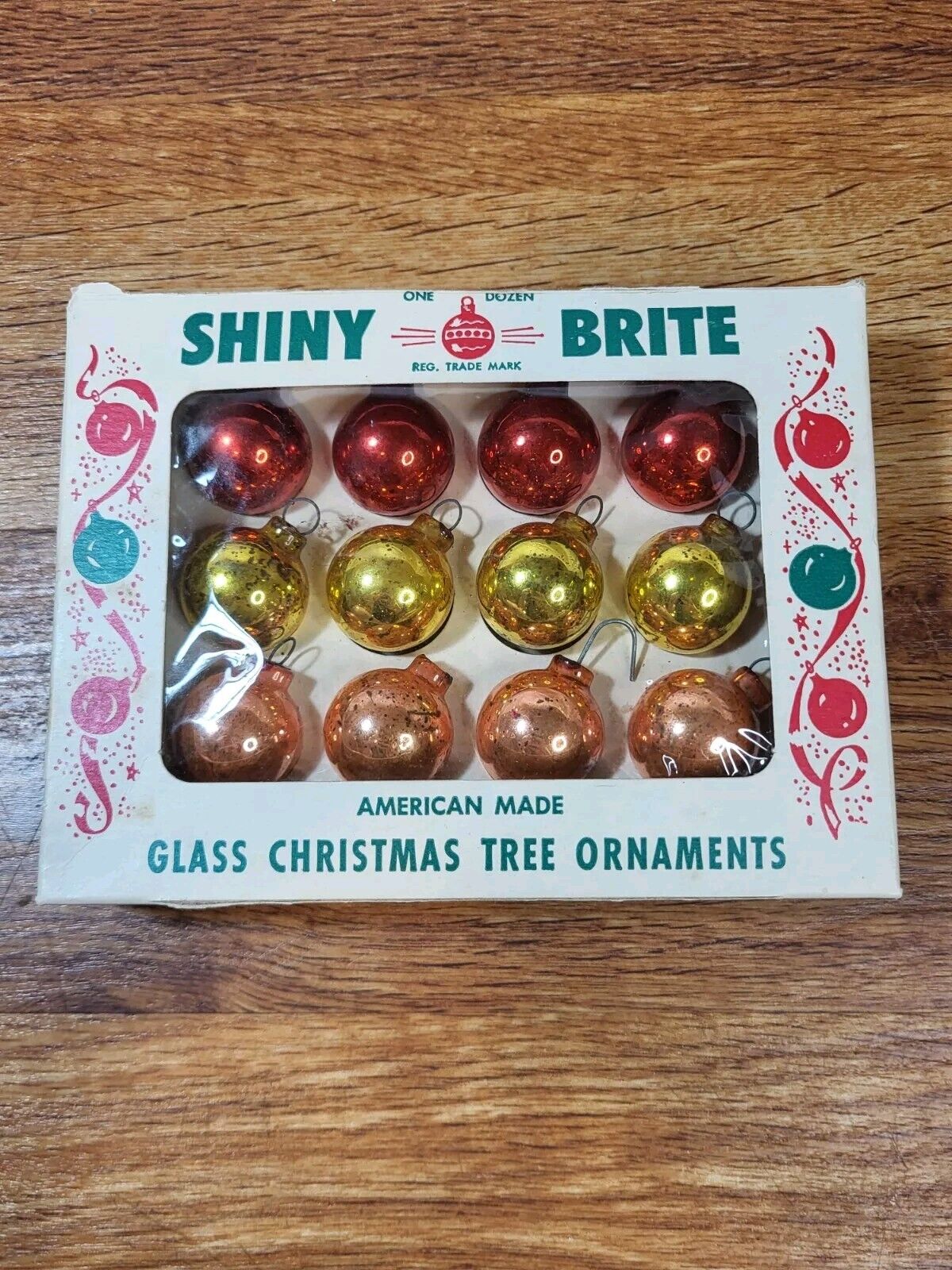Vtge Shiny Brite Mini Ornaments Package Tree Flip top Box Red Yellow Orange