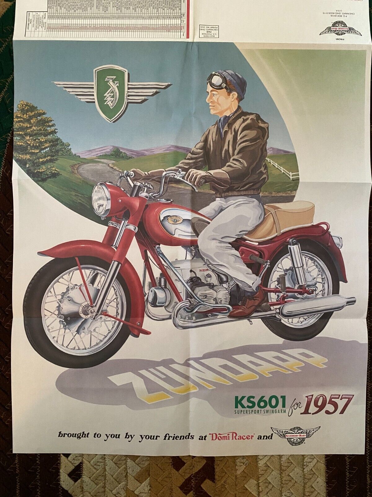 Vintage 1957 Zundapp KS601 Supersport Motorcycle Poster Accessory Mart 1990s