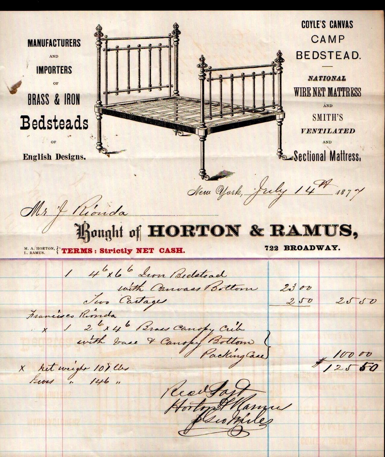 Horton & Ramus - Bedsteads - Brass & Iron - New York 1877 - Letter Head Bill