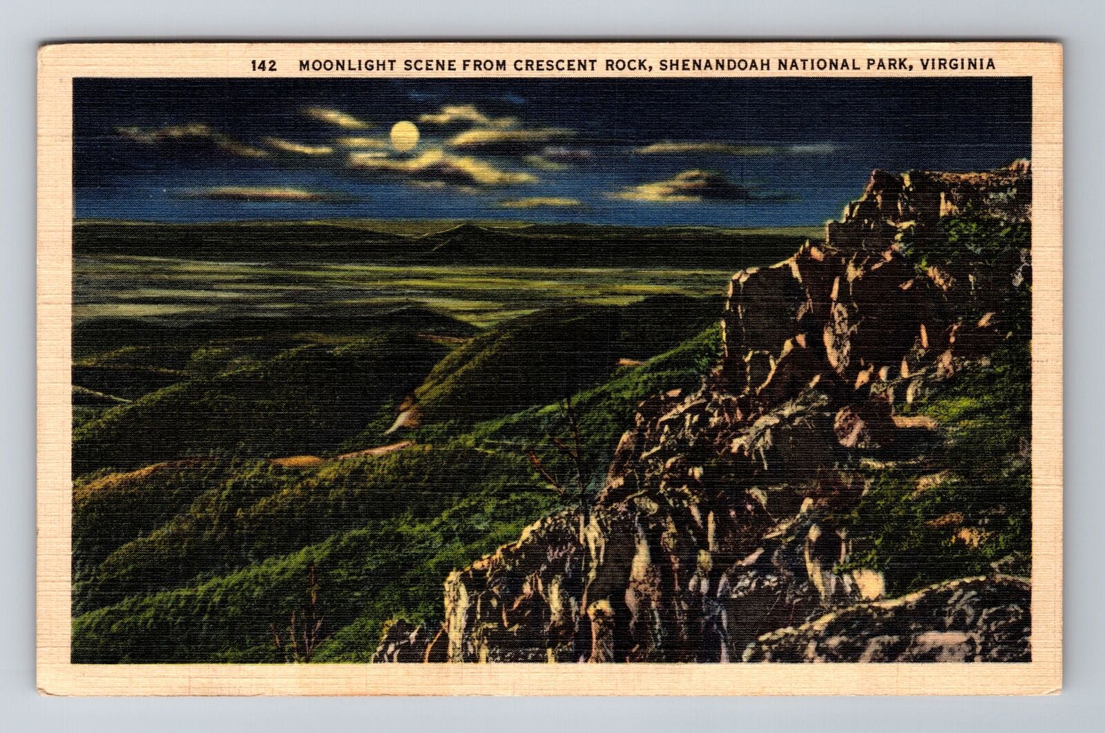 VA- Virginia, Moonlight Scene From Crescent Rock, Antique Vintage c1937 Postcard