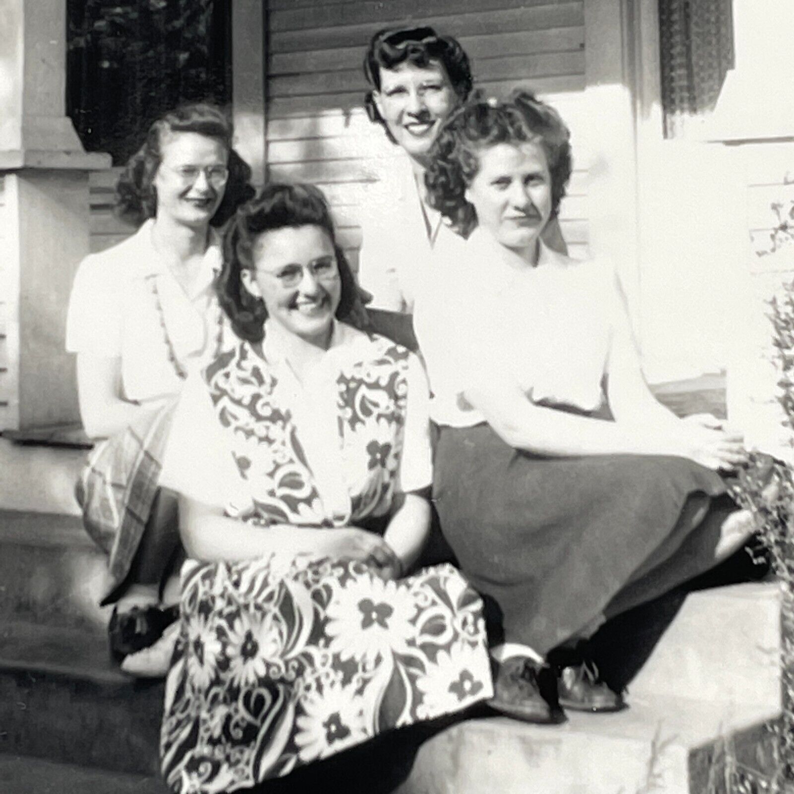 J8 Photograph 1940's Four Beautiful Women 4 Pretty Porch Sunlight Portrait