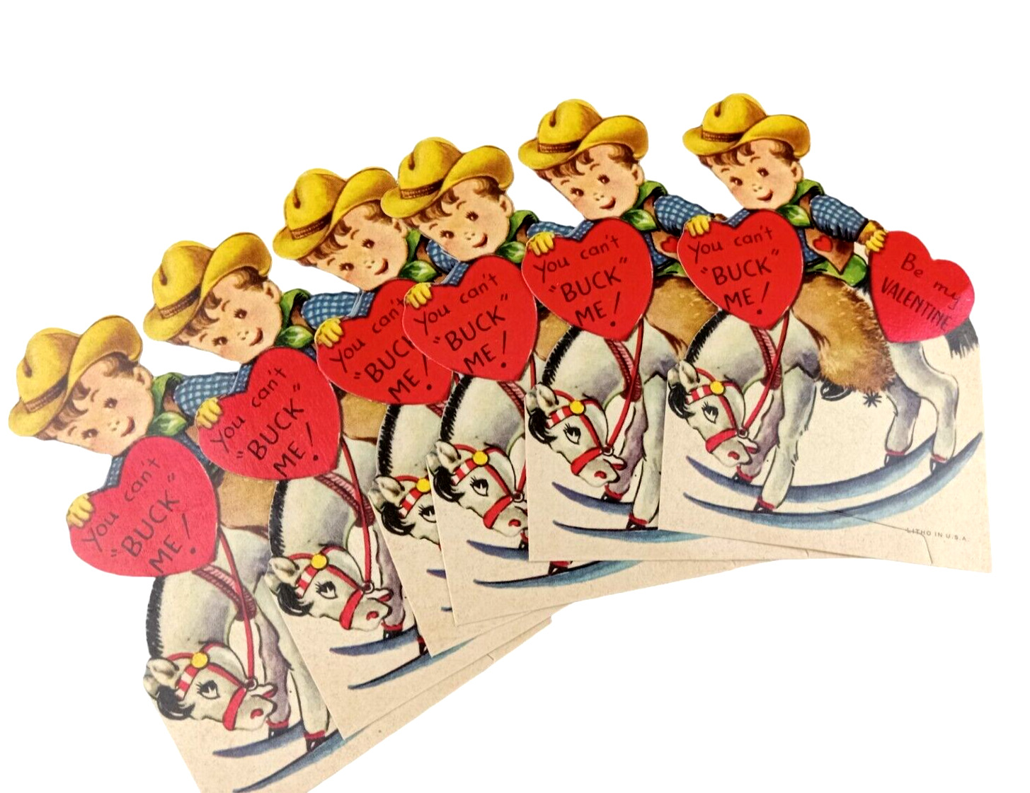 6 NOS 1940\'s Children\'s Stand-Up Valentines Day Card Cowboy On Rocking Horse USA