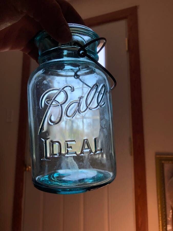 Ball Jar Ideal With Wire Handle With Lid Blue Pat\'d July 14 1908