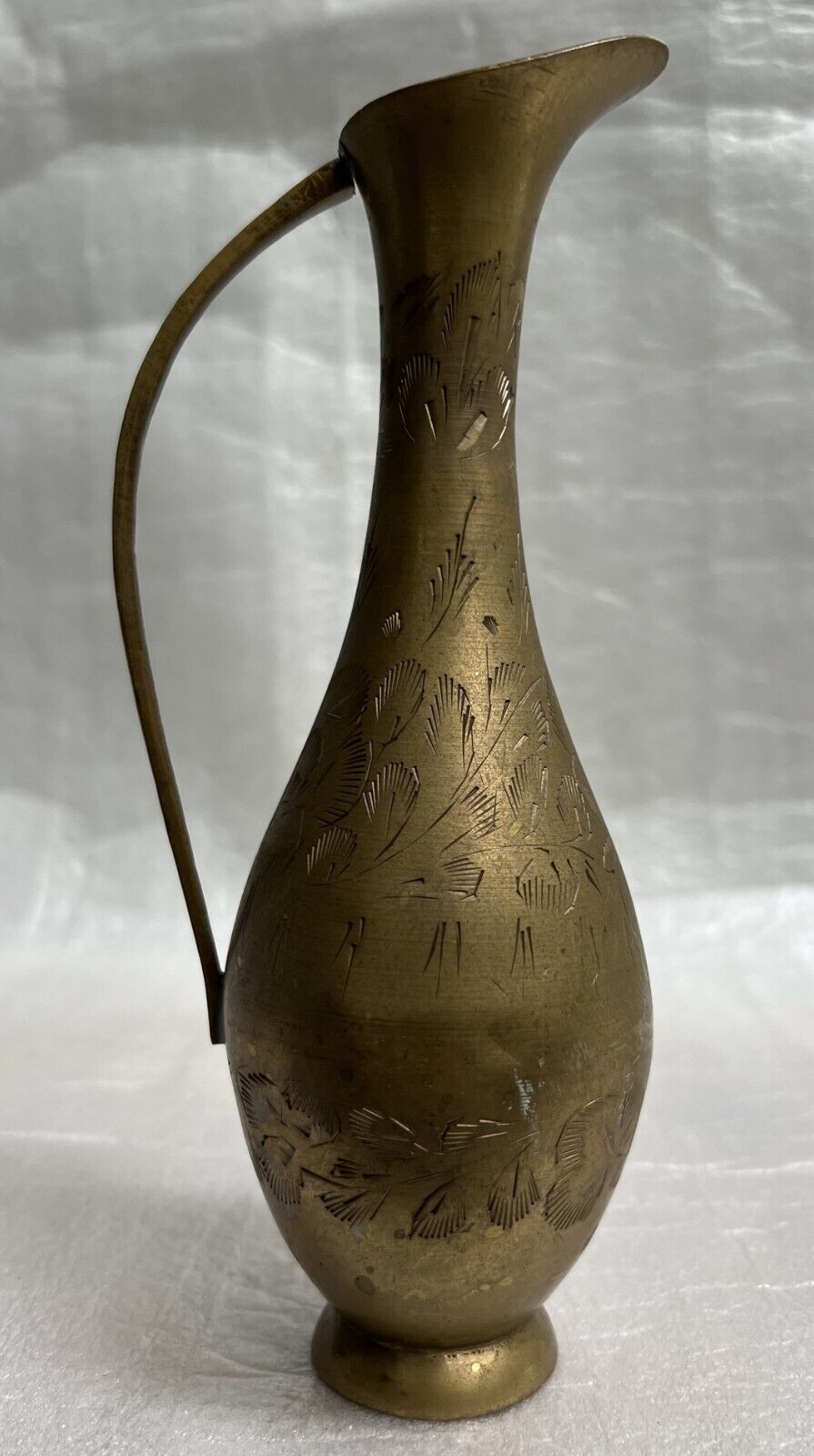 Vintage India Brass Water Pitcher Circa Early 20 C, Etched Elegant Curved Handle