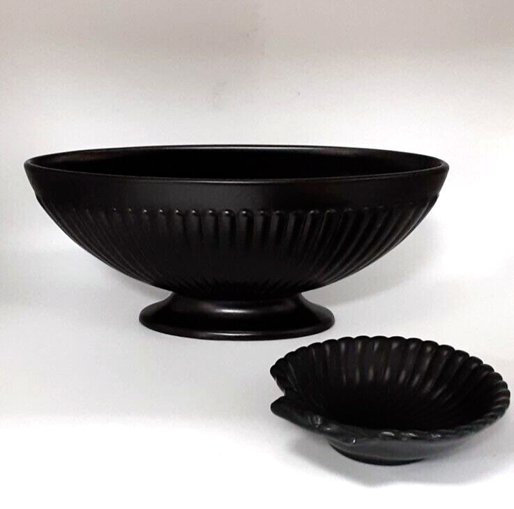 Wedgwood Ravenstone Fluted Oval Mantel Vase Black 7.25” & Scalloped Trinket Dish