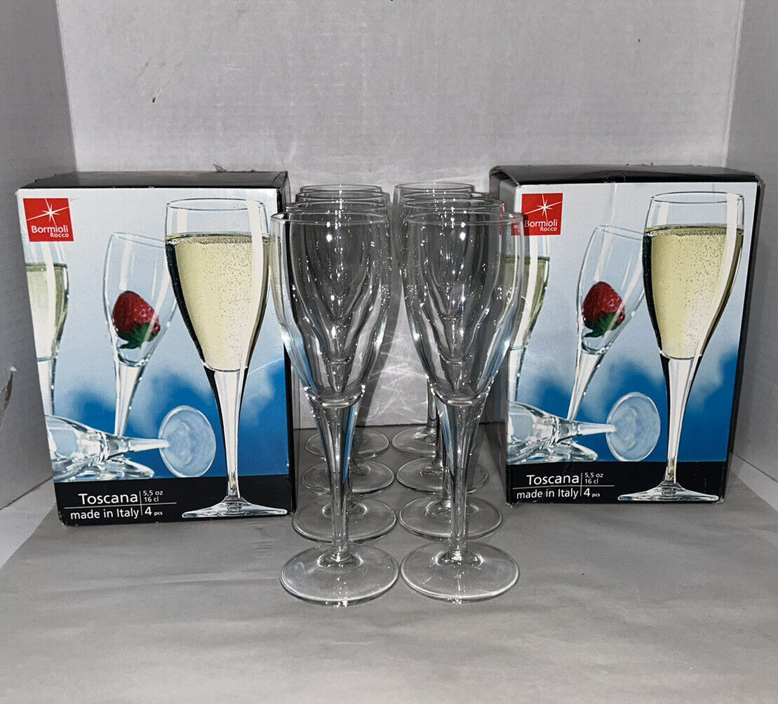 8 Vtg Bormioli Rocco Toscana Champagne Flutes Glasses Wine Goblets Made In Italy