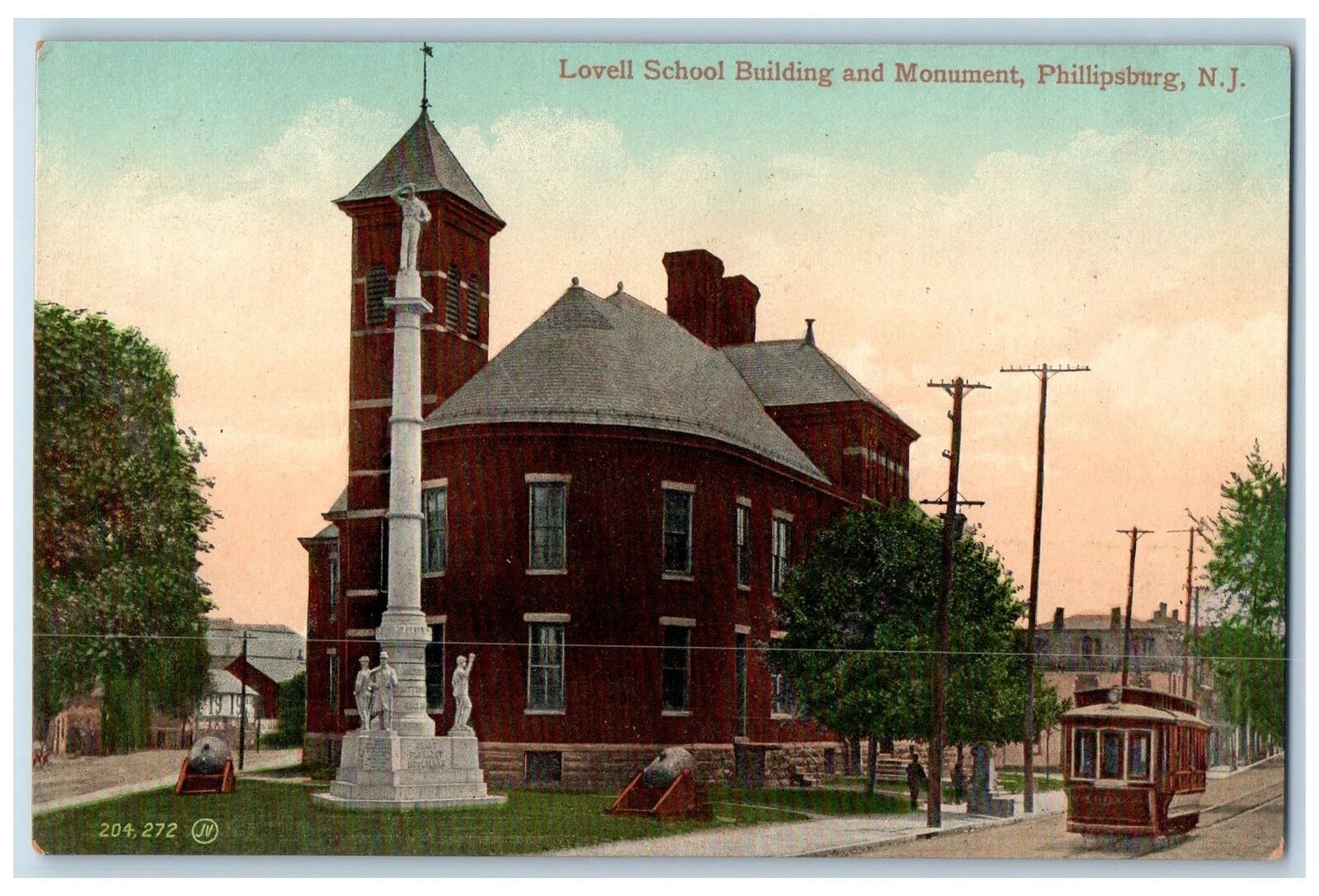c1910\'s Lovell School Building And Monument Phillipsburg New Jersey NJ Postcard
