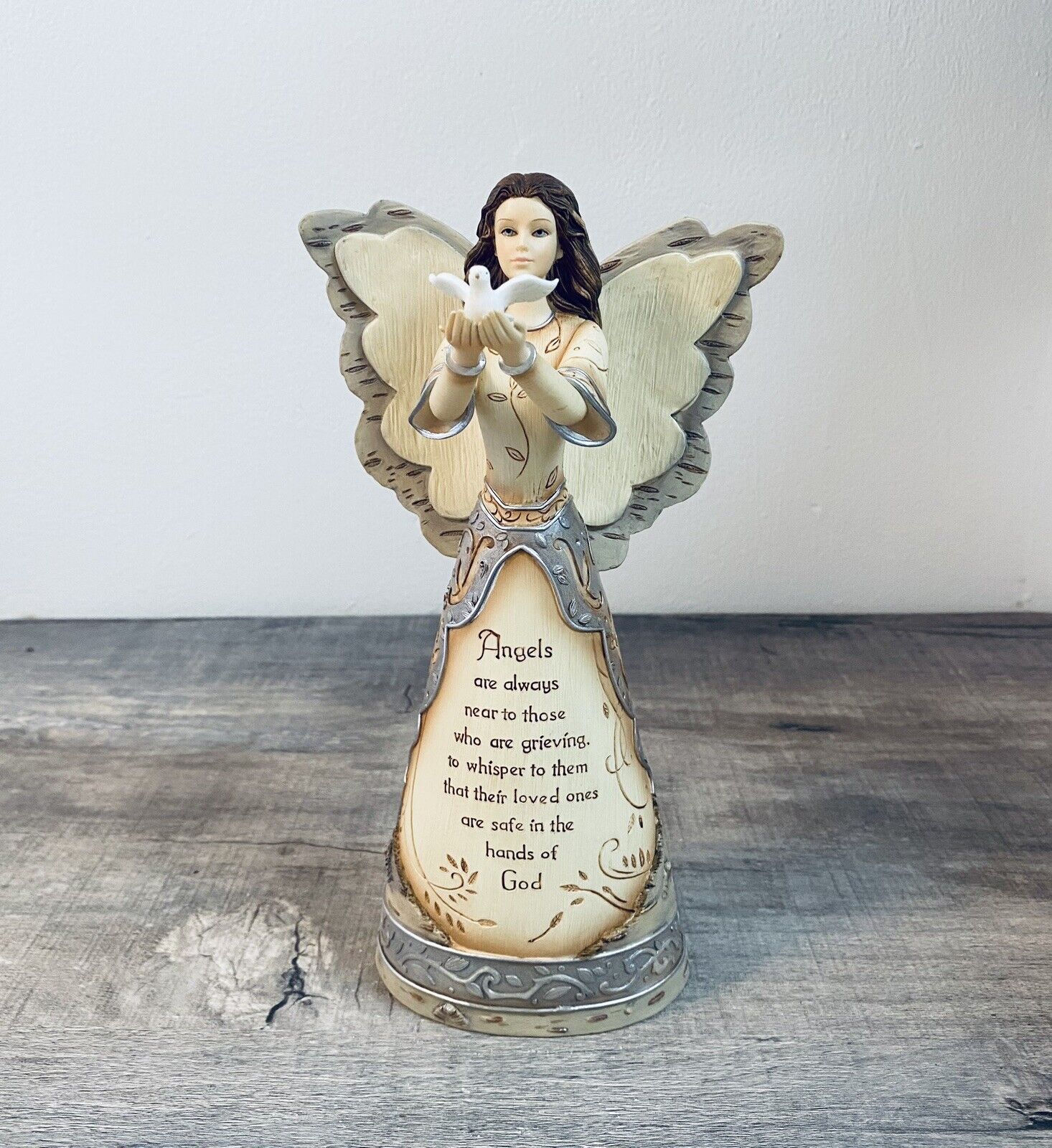Vintage Resin Elements With Sympathy Angel With Faux Birch Wings Figurine 9.25\