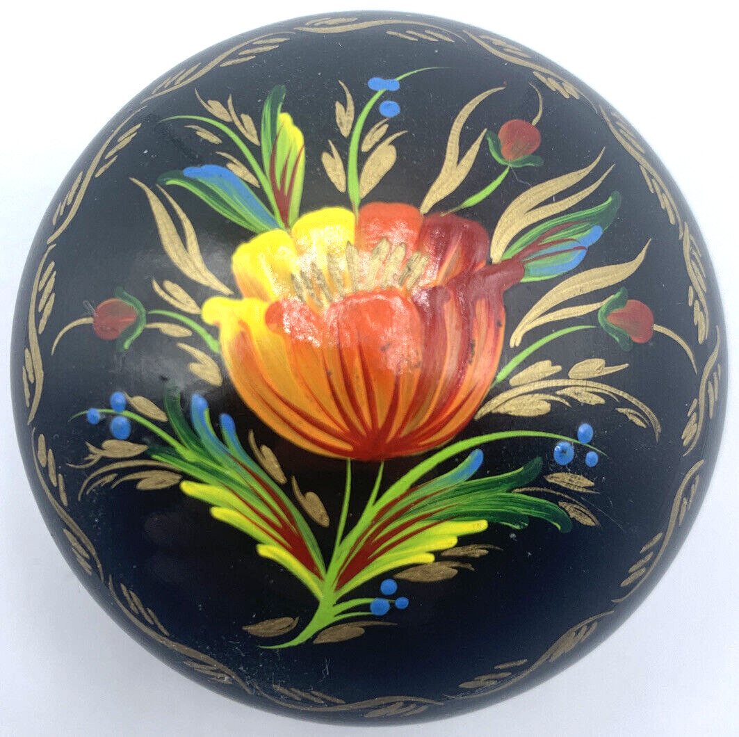 Russian Hand Painted Flower Trinket Box Small Round Lacquer Wooden Vintage