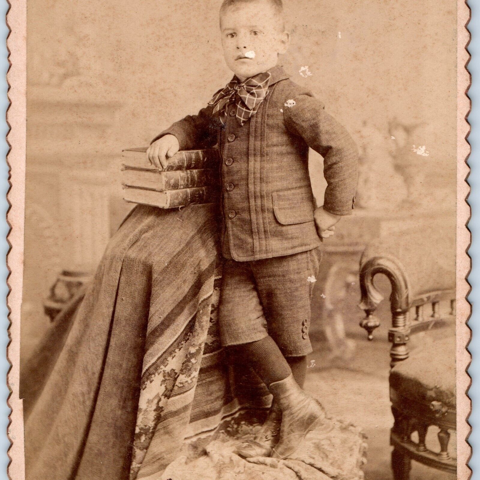 c1880s Reading, PA Handsome Little Boy w/ Books Cabinet Card Photo Saylor B13