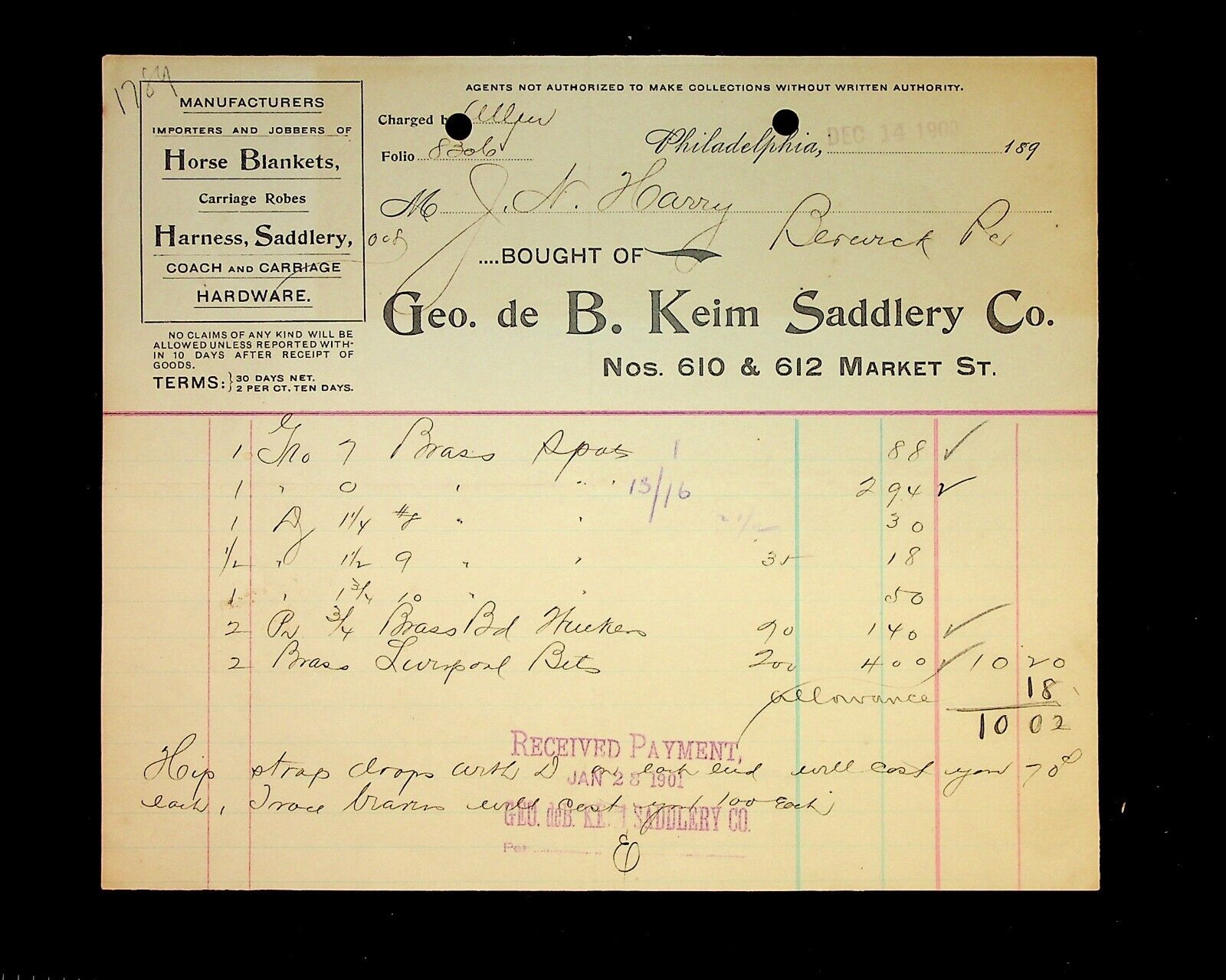 1900 George de B. Keim Saddlery Co. Billhead, Philadelphia PA, Berwick PA