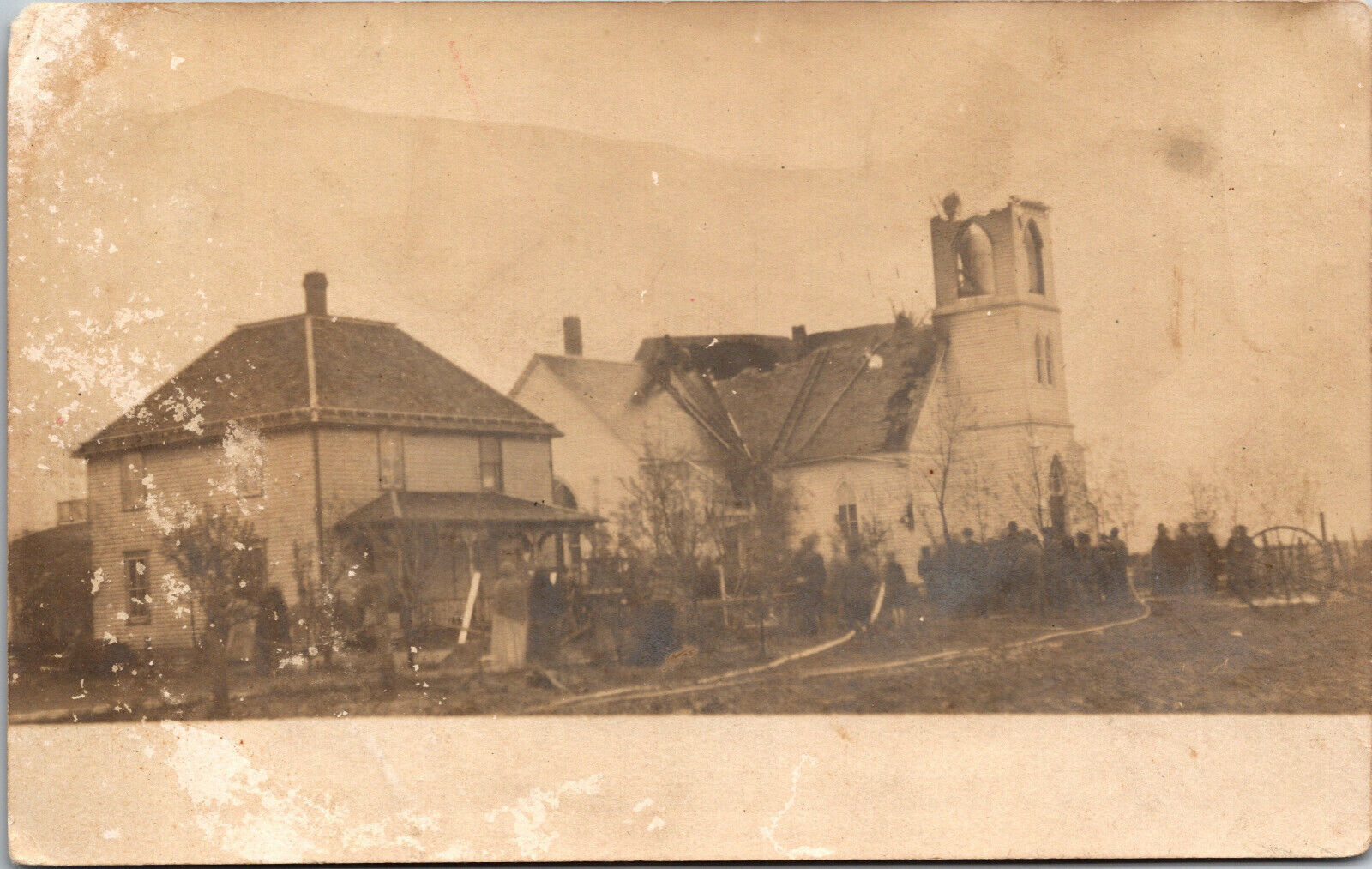 Postcard RPPC Real Photo BURNED OUT CHURCH, Old House, Location???, ca1900