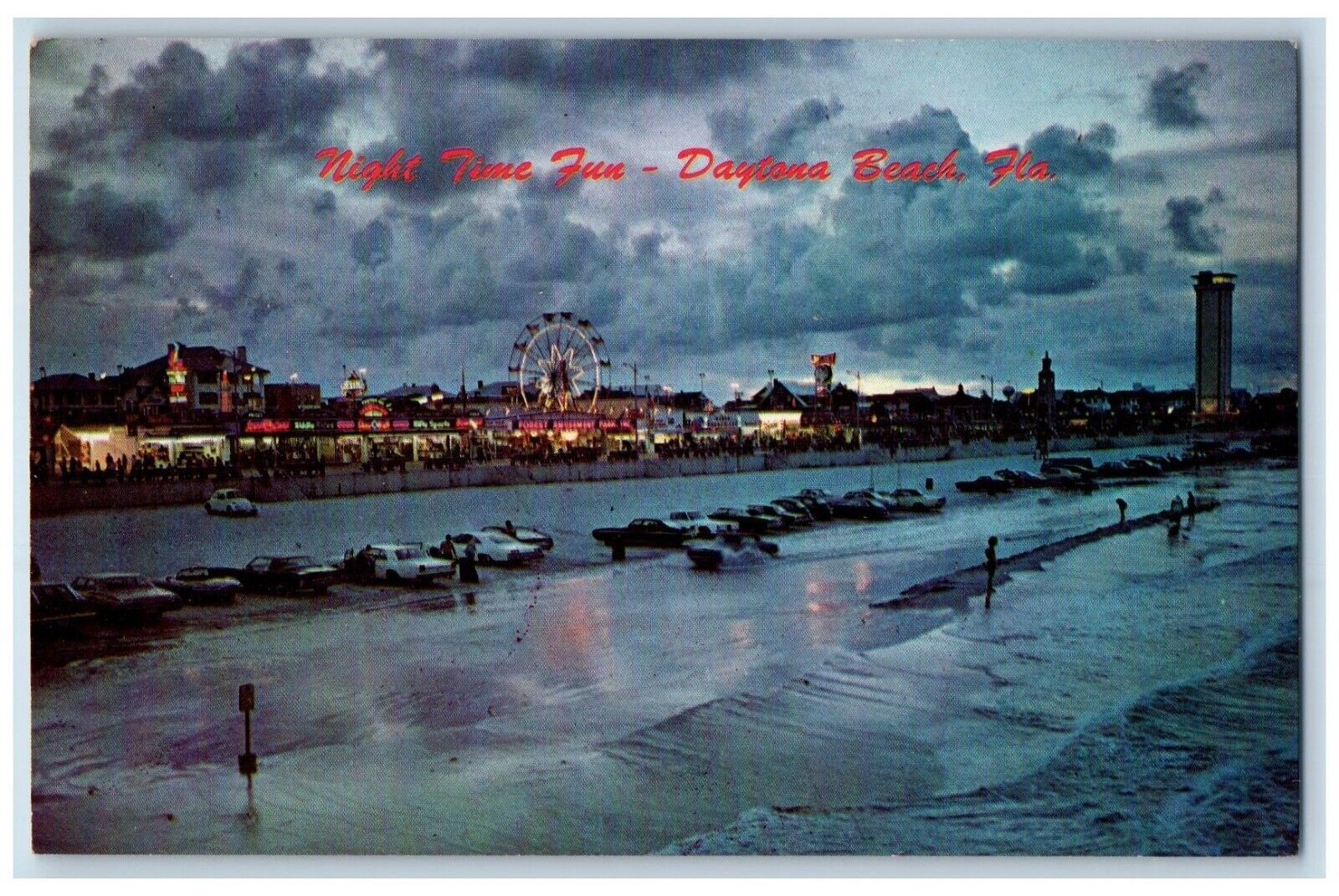 c1970\'s Night Time Fun Ferris Wheel Daytona Beach Florida FL Vintage Postcard