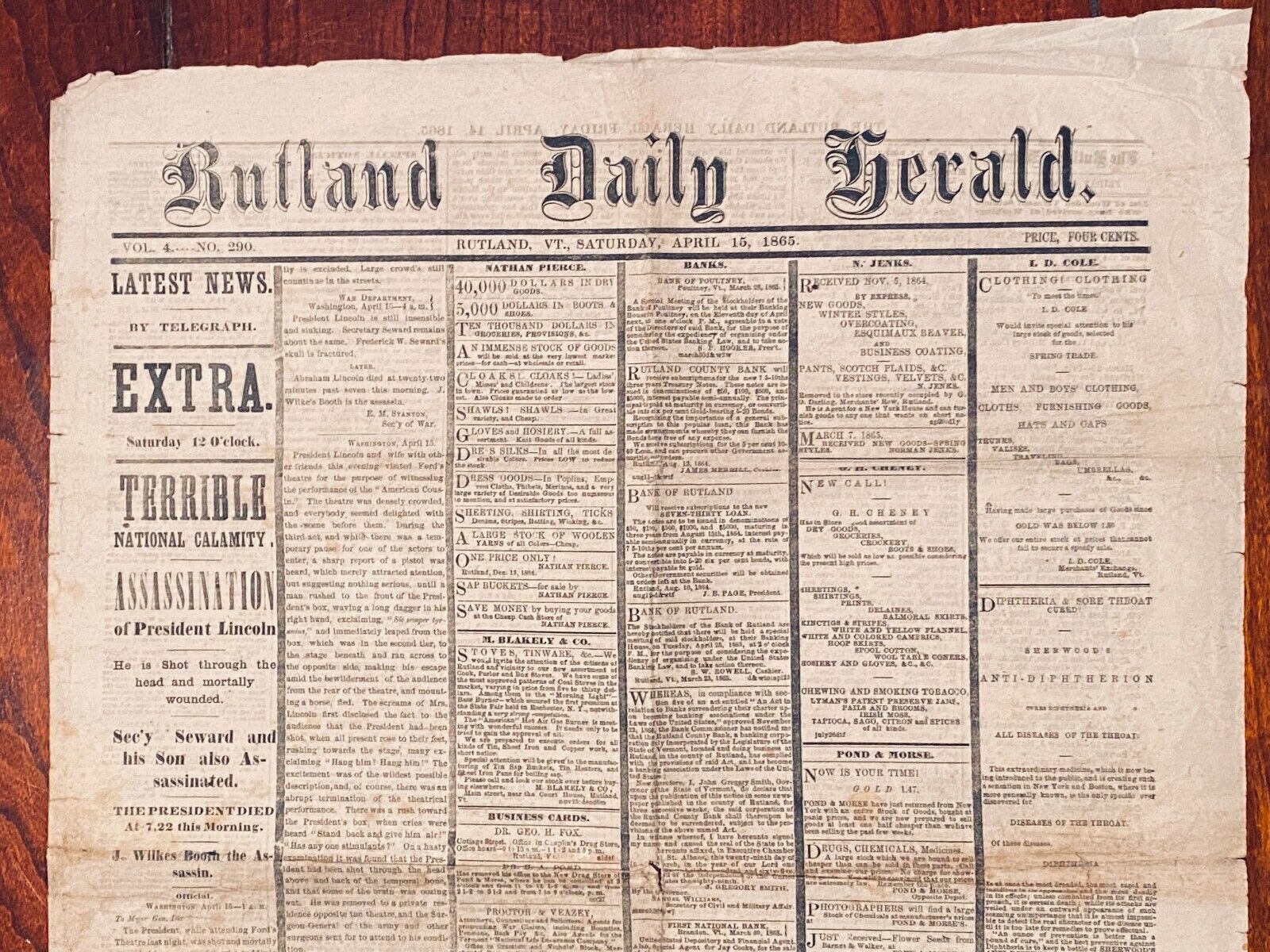 Lincoln Assassination newspaper EXTRA Apr 15 1865
