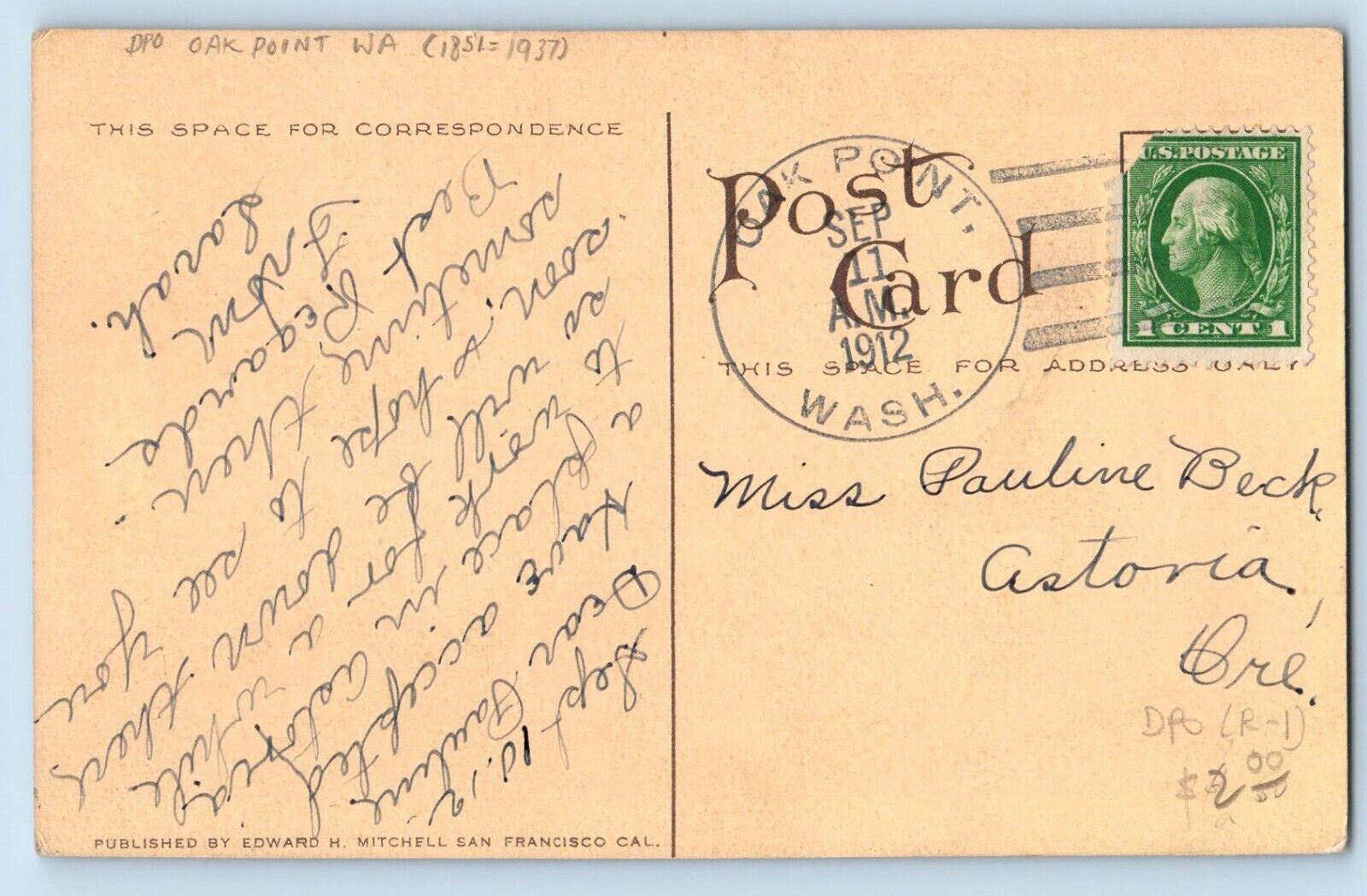 DPO (1851-1937) Oak Point WA Postcard Rooster Rock Boating Columbia River OR