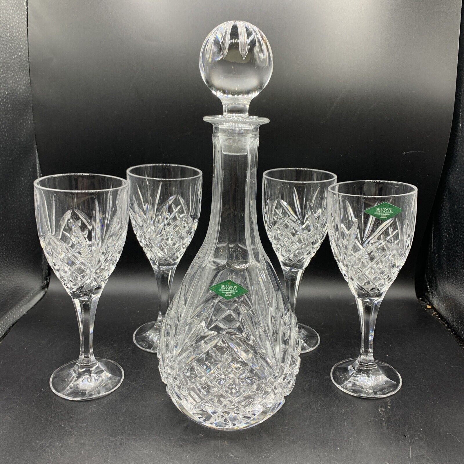 VintagE NOS Set of Decanter with Glass Stopper and 4 Goblets by SHANNON CRYSTAL