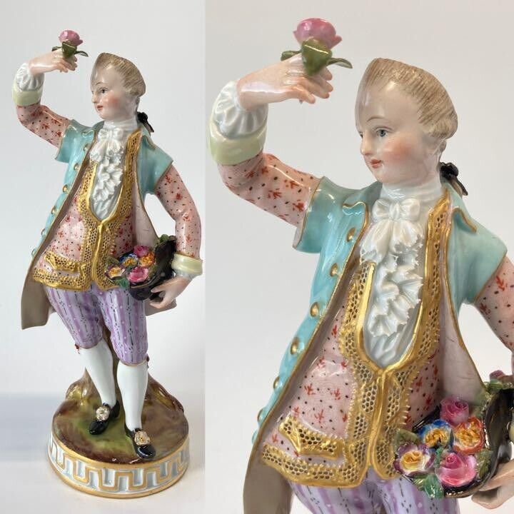 Meissen by M.V.Acier \'Boy With Flower Bouquet\' 18th Antique Porcelain Figurine