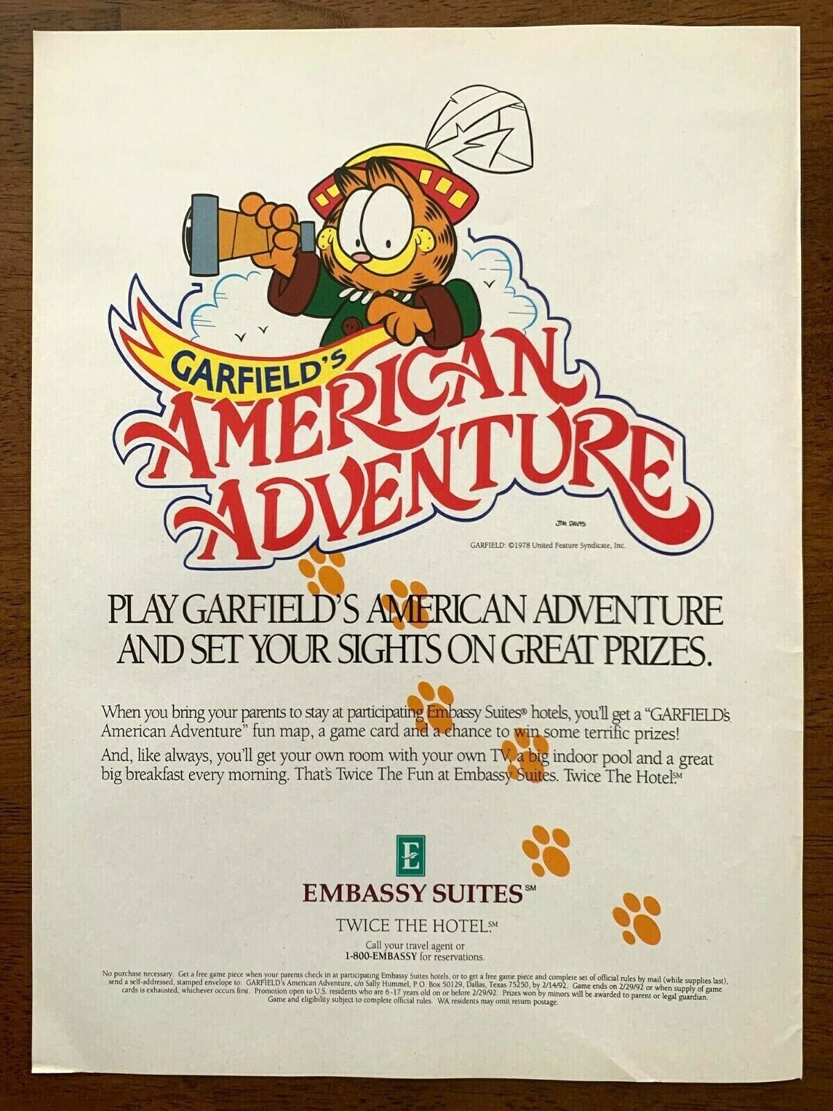 1991 Garfield Embassy Suites Vintage Print Ad/Poster Comics Cat 90s Art Genuine 