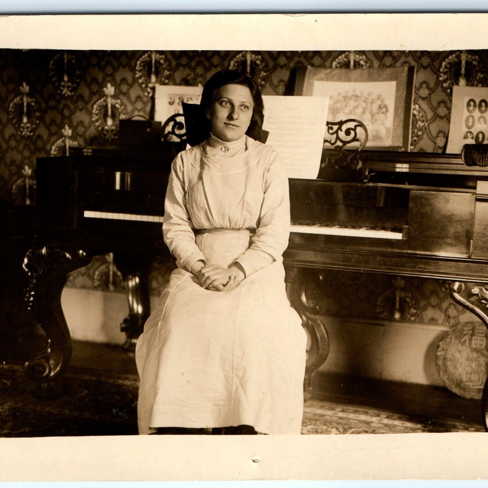 c1910s Cute Young Lady RPPC Fancy Wood Piano Wallpaper Pictures Real Photo A173