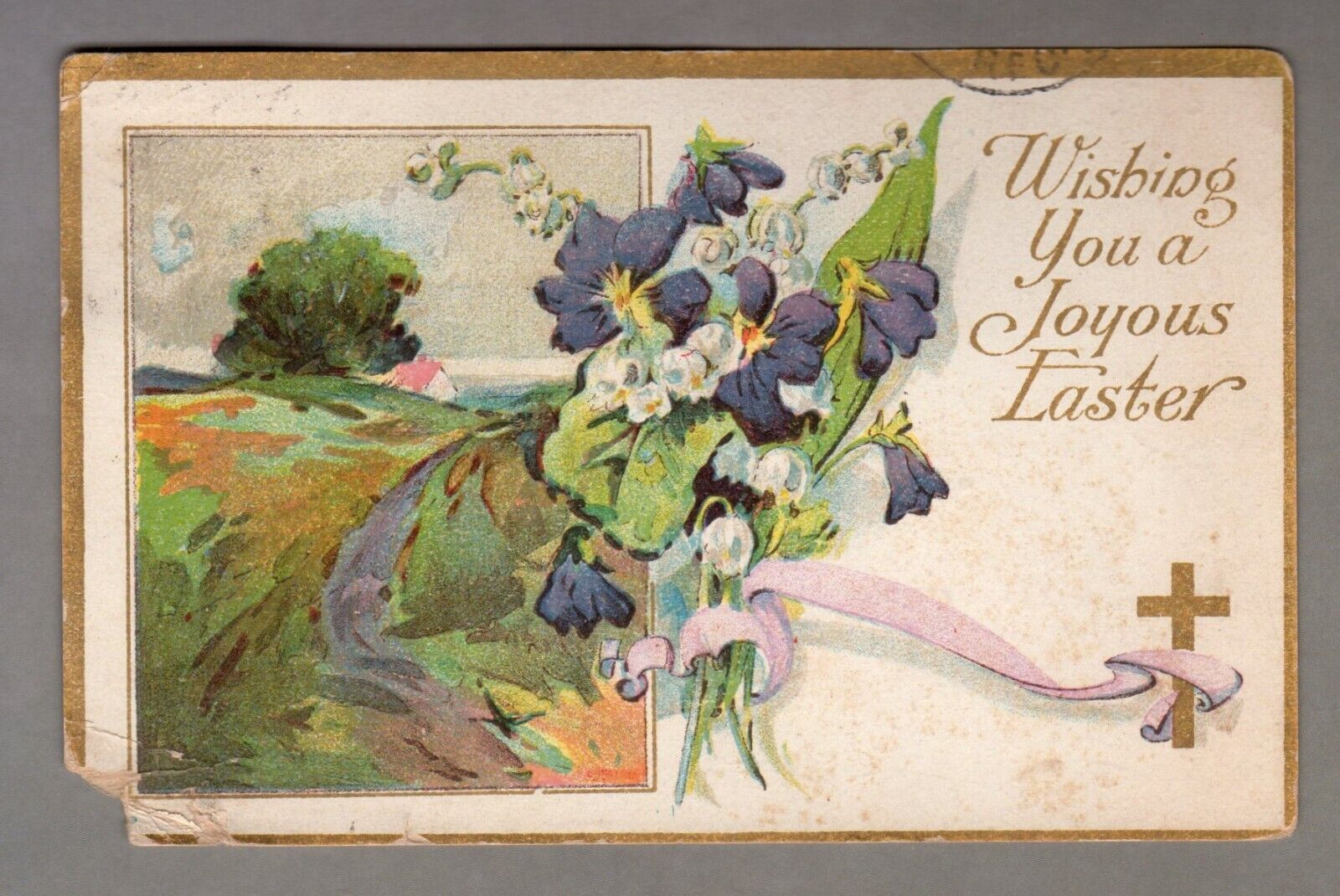 Vintage 1909 Easter Postcard, Floral Flowers Cross, Early 1900s, Antique, Retro
