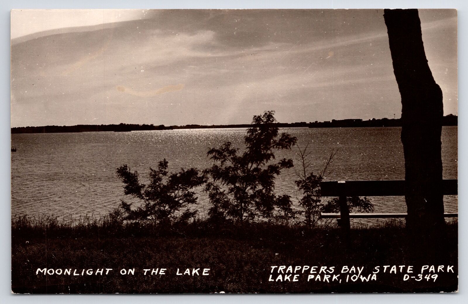 Lake Park Iowa~Trappers Bay State Park~Moonlight on Lake @ Night~1940s RPPC