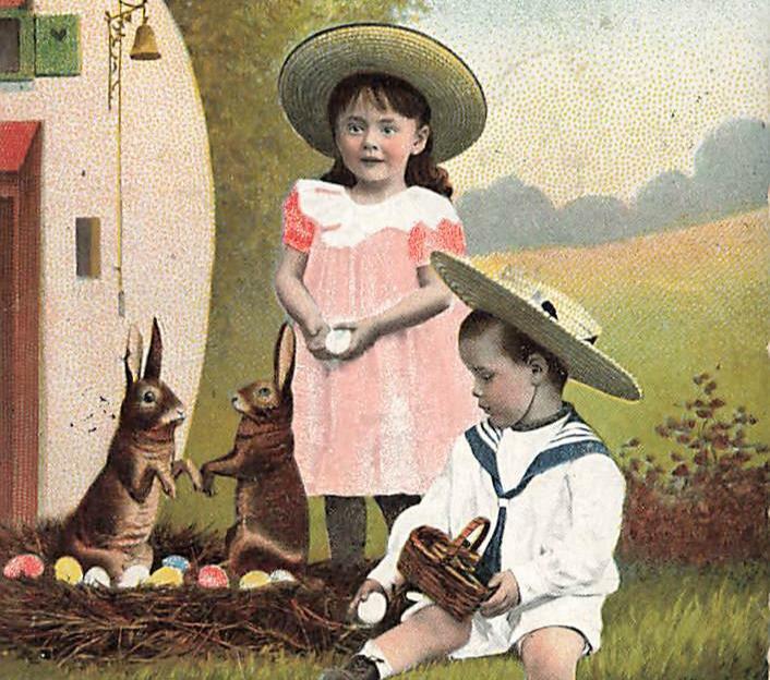 c1905  Fantasy Girl Boy  Basket Eggs Rabbit Color Easter P62