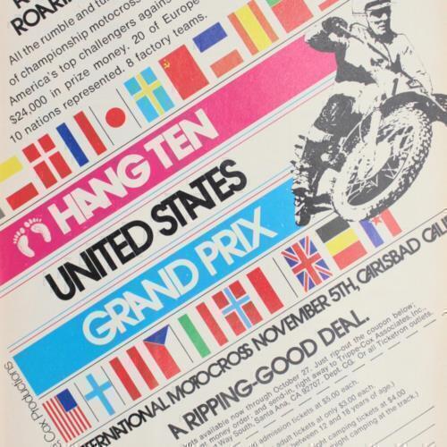 US MOTOCROSS GRAND PRIX 1972 CARLSBAD CALIFORNIA HANG TEN PRINT AD TRIPPE COX