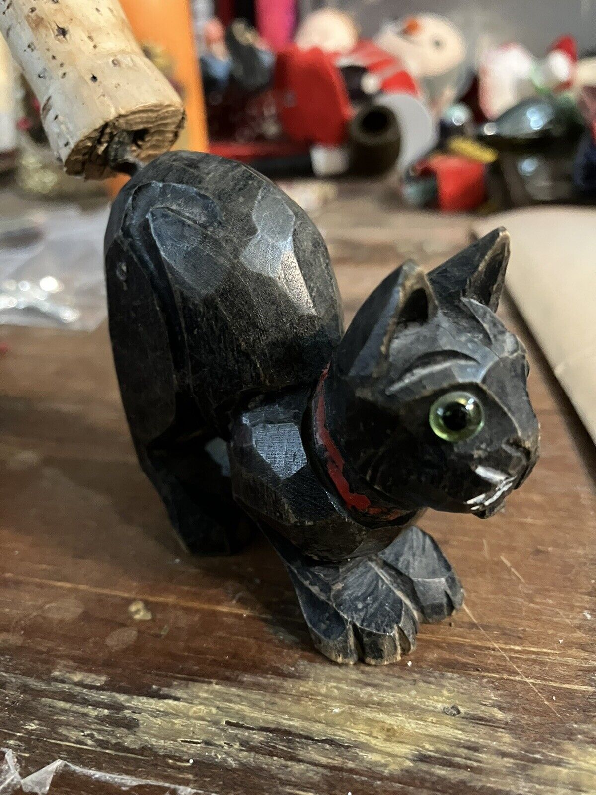 Vintage Hand carved Wood German Black Cat Cork Screw Tail Bottle Opener