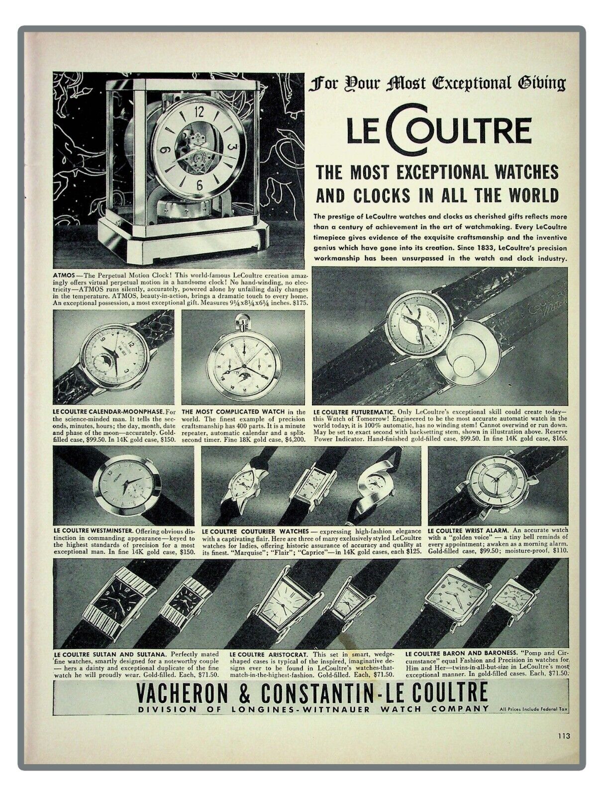 Le Coultre Most Exceptional Watch & Clocks  All The World 1952 Vintage Print Ad
