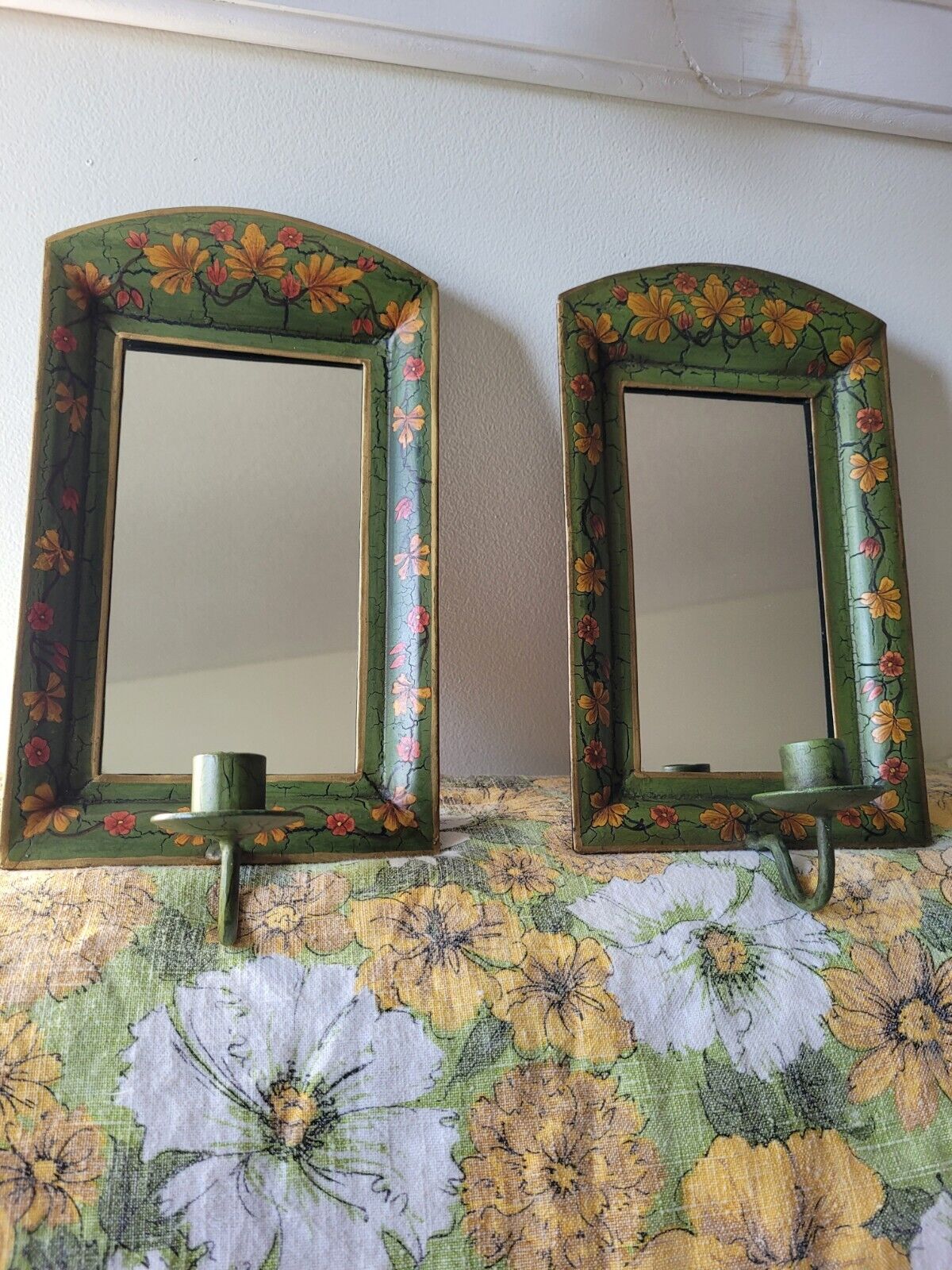 Pair Of Hollywood Regency Mirror Hand painted Floral Candle Stick Wall Sconces
