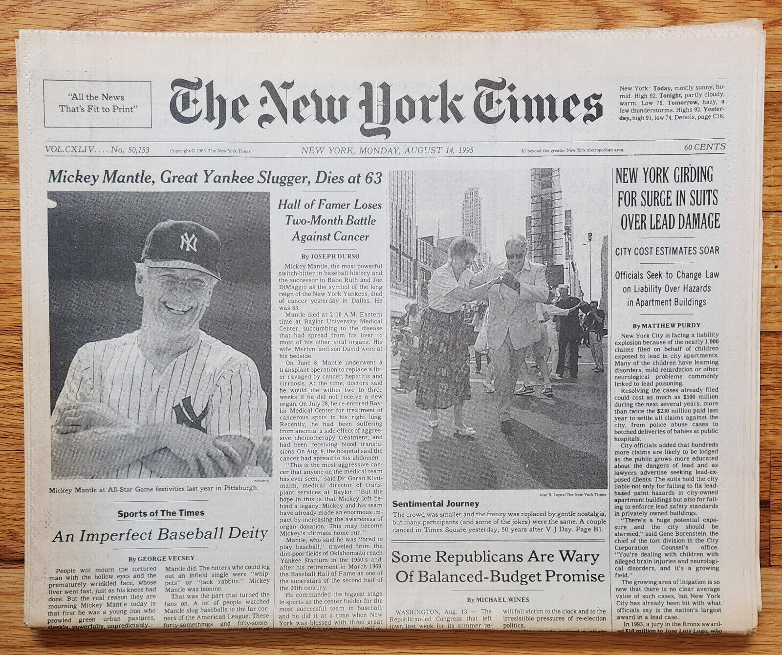 1995 Mickey Mantle Death The New York Times National 8/14/1995 Full Newspaper