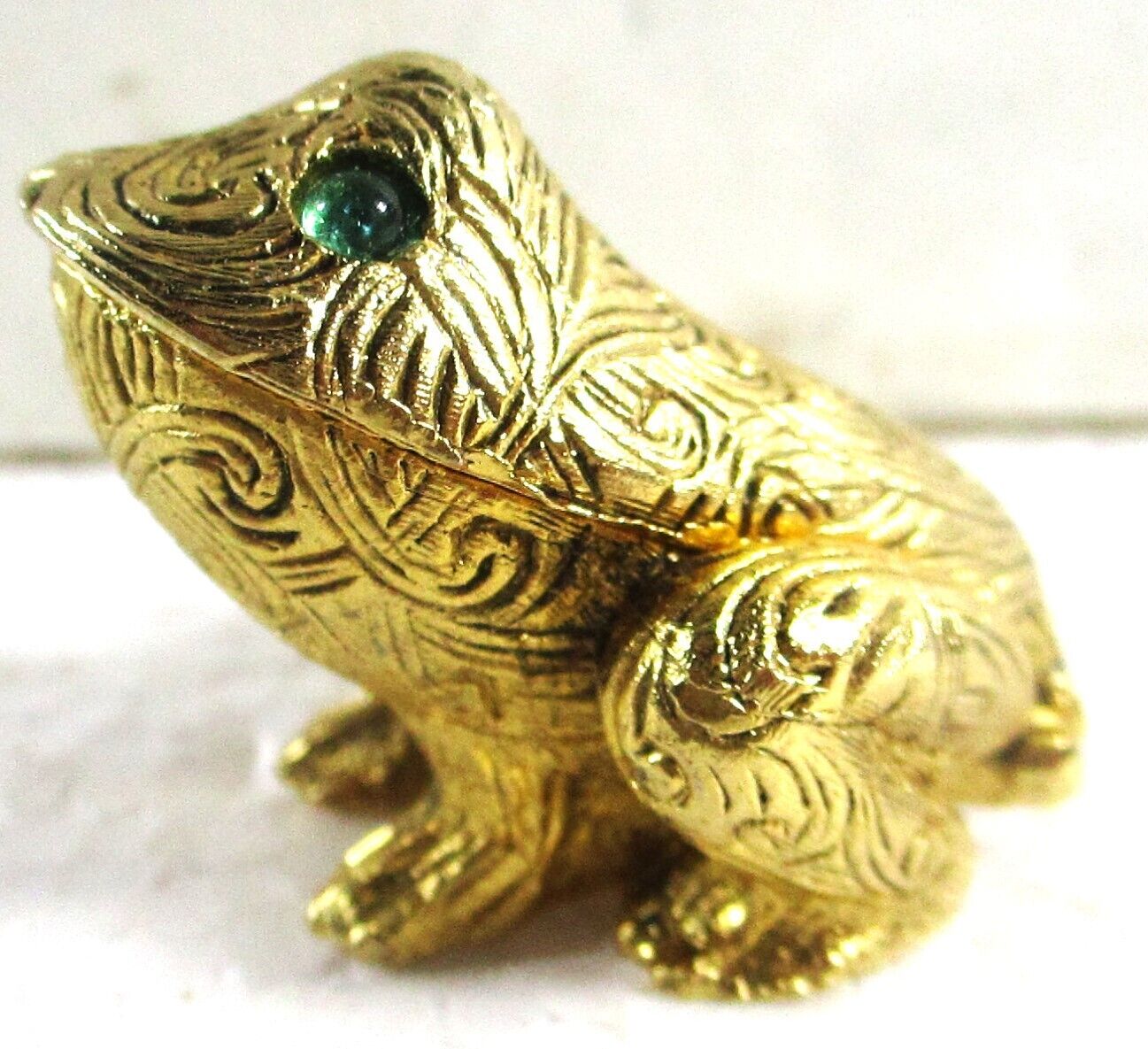 Vintage Max Factor Frog Solid Metal Perfume Empty Gold Tone Emerald Green Eyes