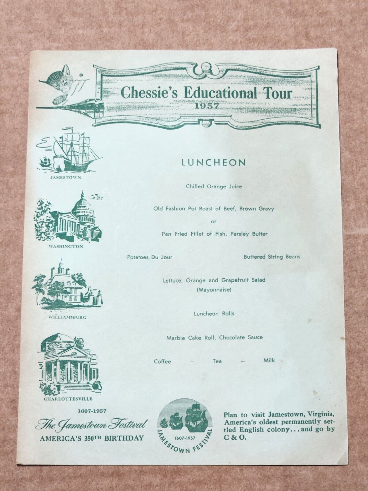c1957 Chessie\'s Educational Tour Jamestown VA 350th Birthday Festival Menu