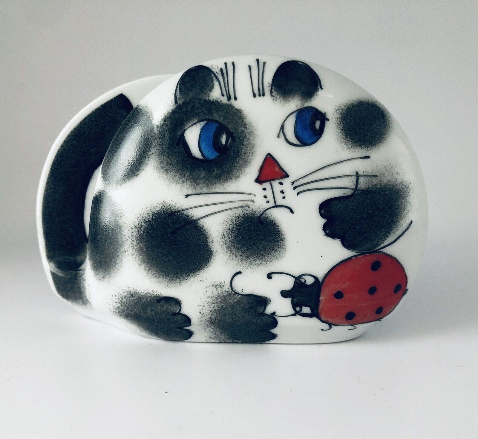 Ceramic Cat Letter Napkin Holder Cat With Ladybug Helena Tilk Hand Painted