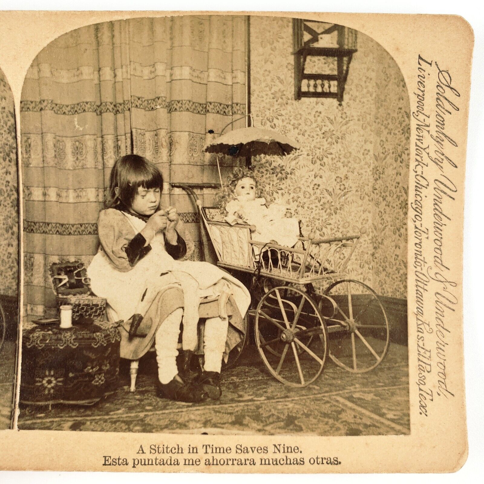 Girl Sewing Doll Clothes Stereoview c1892 China Head Porcelain Pram Buggy A2339
