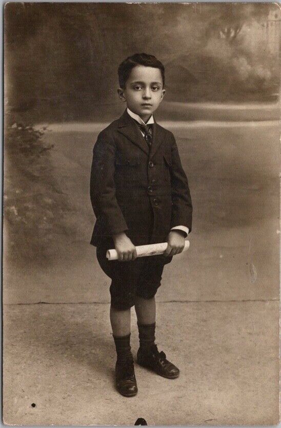 Vintage 1922 Italian ITALY Real Photo RPPC Postcard Boy in Suit & Tie / Diploma?