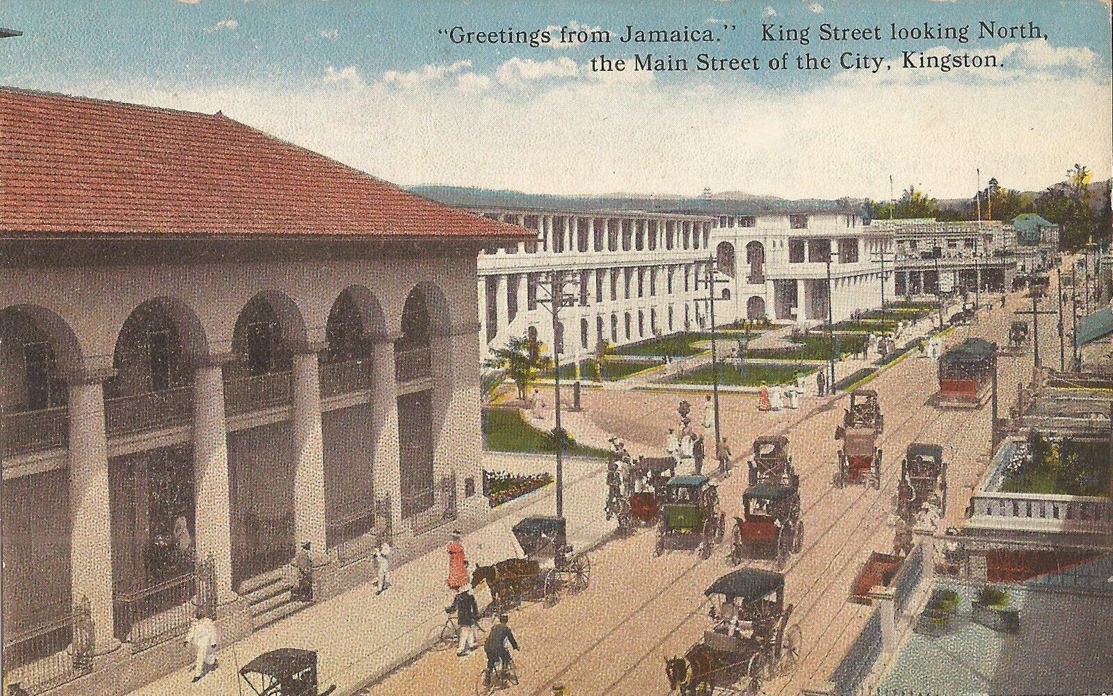 Kingston, JAMAICA - King Street - BIRDSEYE - old cars, horse & buggy, trolley