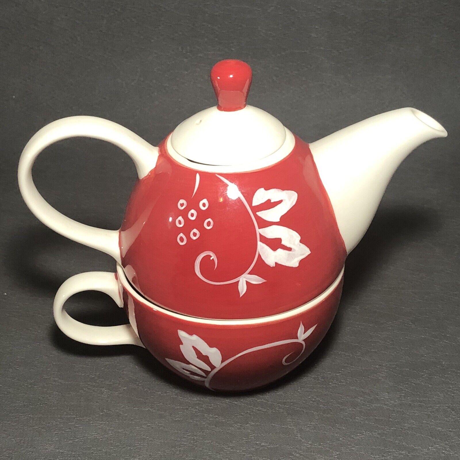 Hues N Brews Red & White Floral Service for One Teapot with Lid and Cup -3 Piece