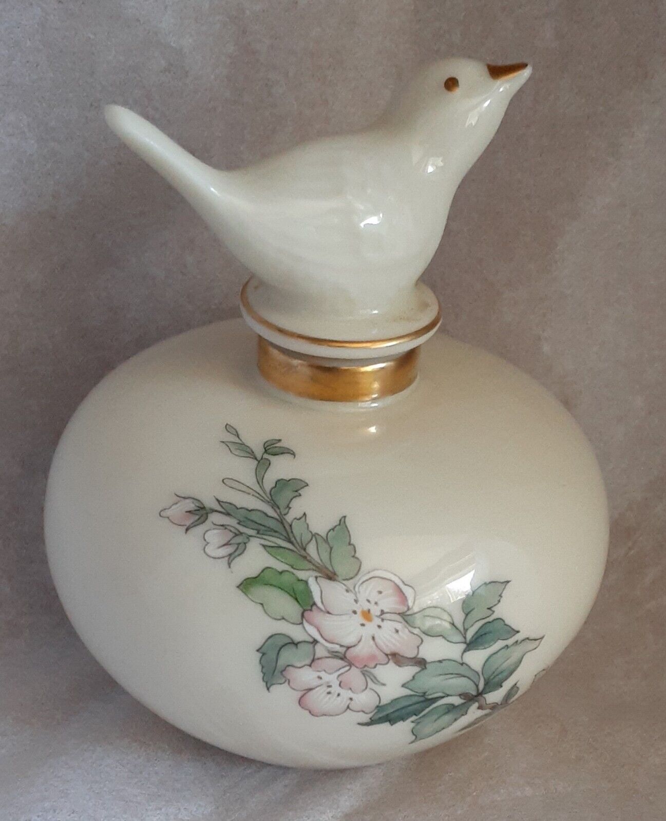 Vintage LENOX Porcelain Perfume Bottle Serenade Gold Gilt Floral Bird Stopper 