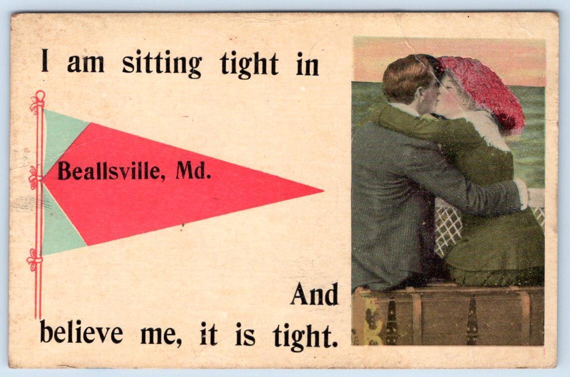 1913 BEALLSVILLE TO SELLMAN MD SITTING TIGHT KISSING COUPLE PENNANT POSTCARD