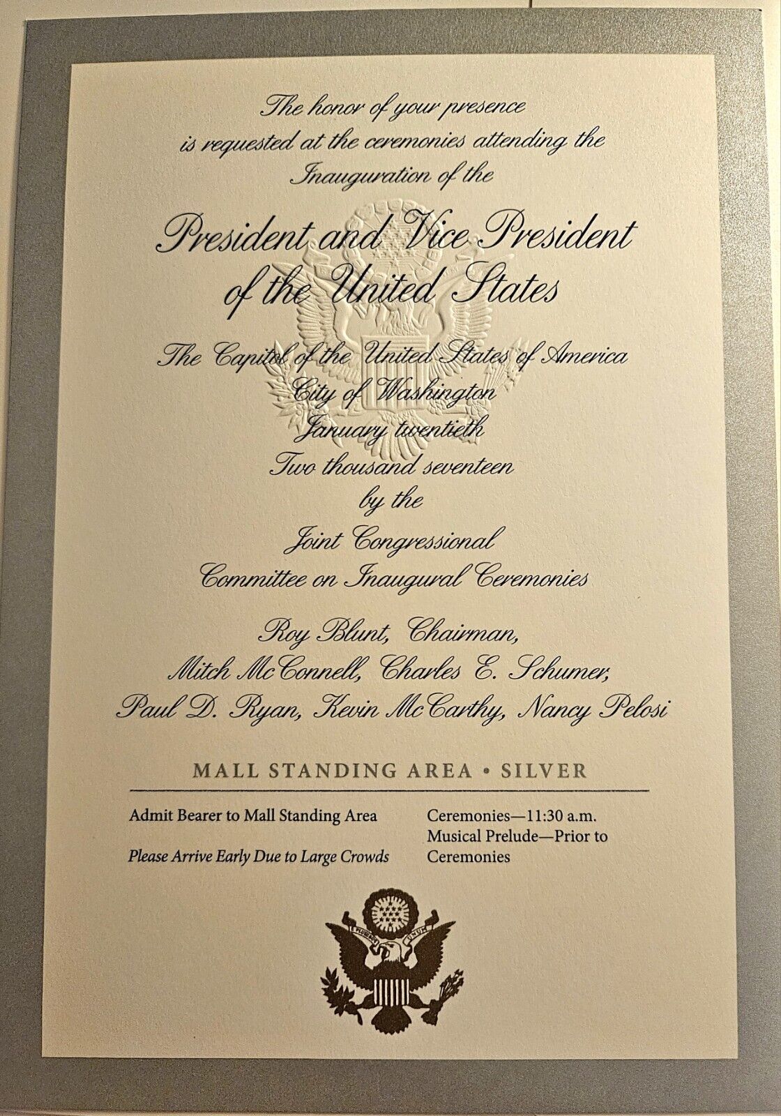 Official 2017 President Donald Trump Inauguration Silver Ticket Genuine Map Back
