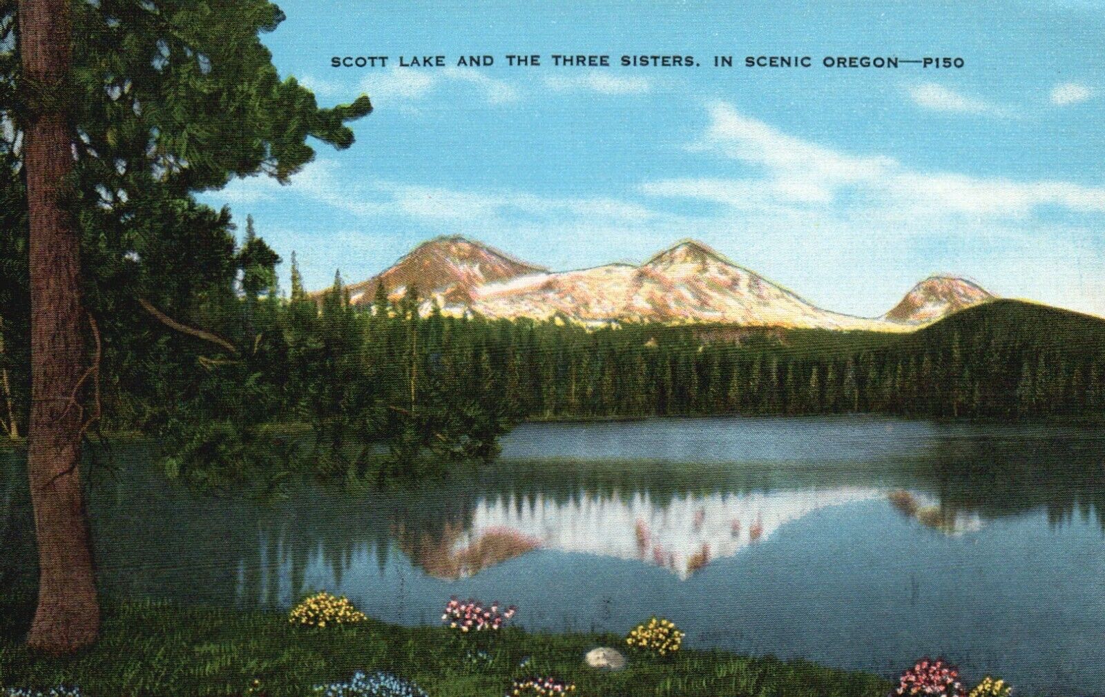 Postcard OR Scott Lake & the Three Sisters Oregon Linen Vintage PC G6428