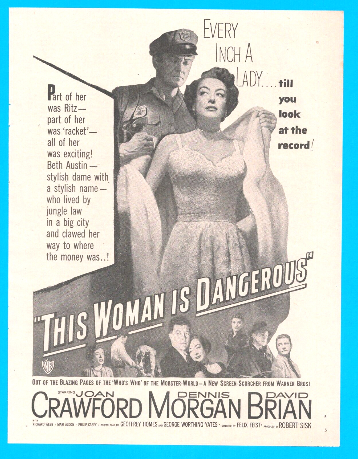 1952 JOAN CRAWFORD movie star PRINT AD celebrity Mobster Warner Bros. gangster