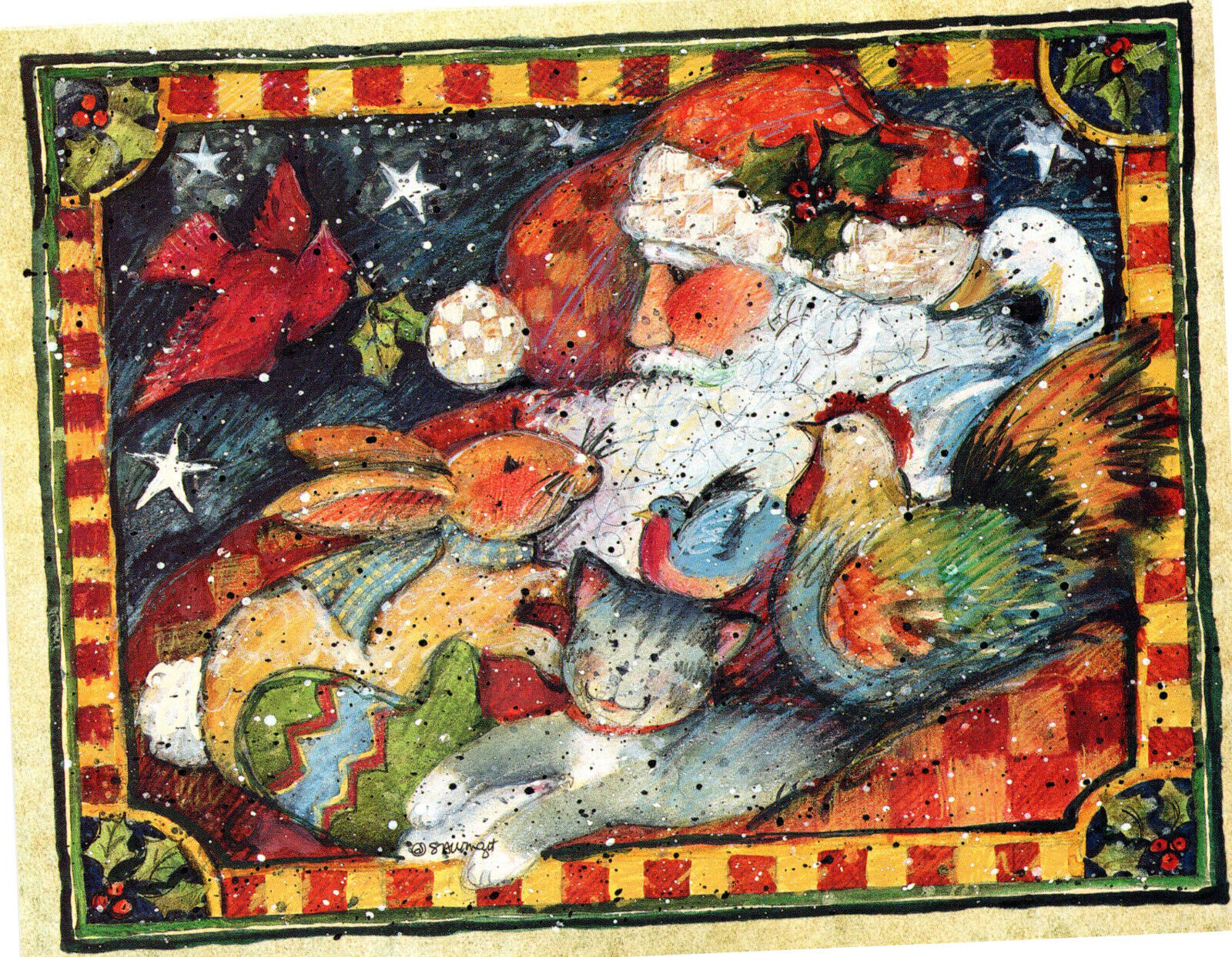 Vintage  Christmas Card:  SUSAN WINGET SANTA WITH RABBIT & CHICKEN