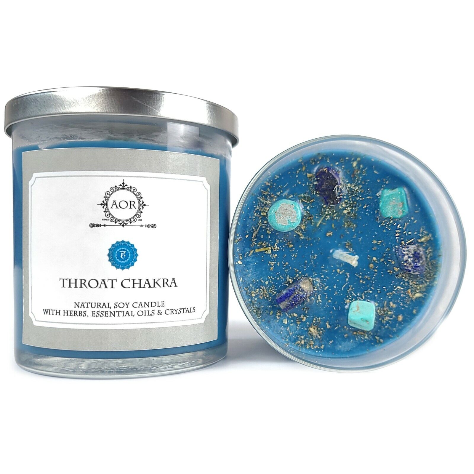 Throat Chakra Soy Candle w/ Crystals & Herbs Spirituality Yoga Wiccan Pagan 