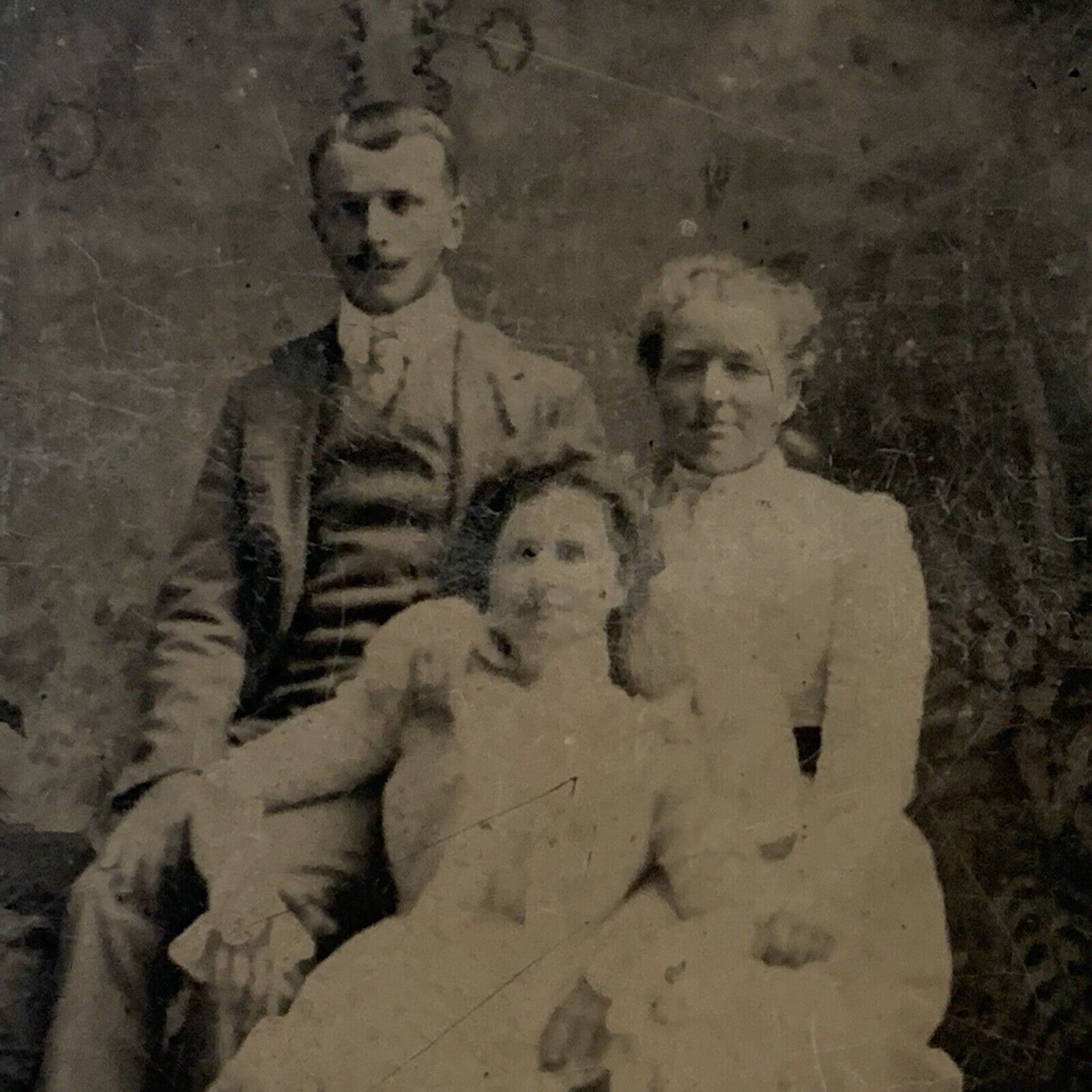Antique Tintype Group Photograph Affectionate Women Handsome Man Mustache
