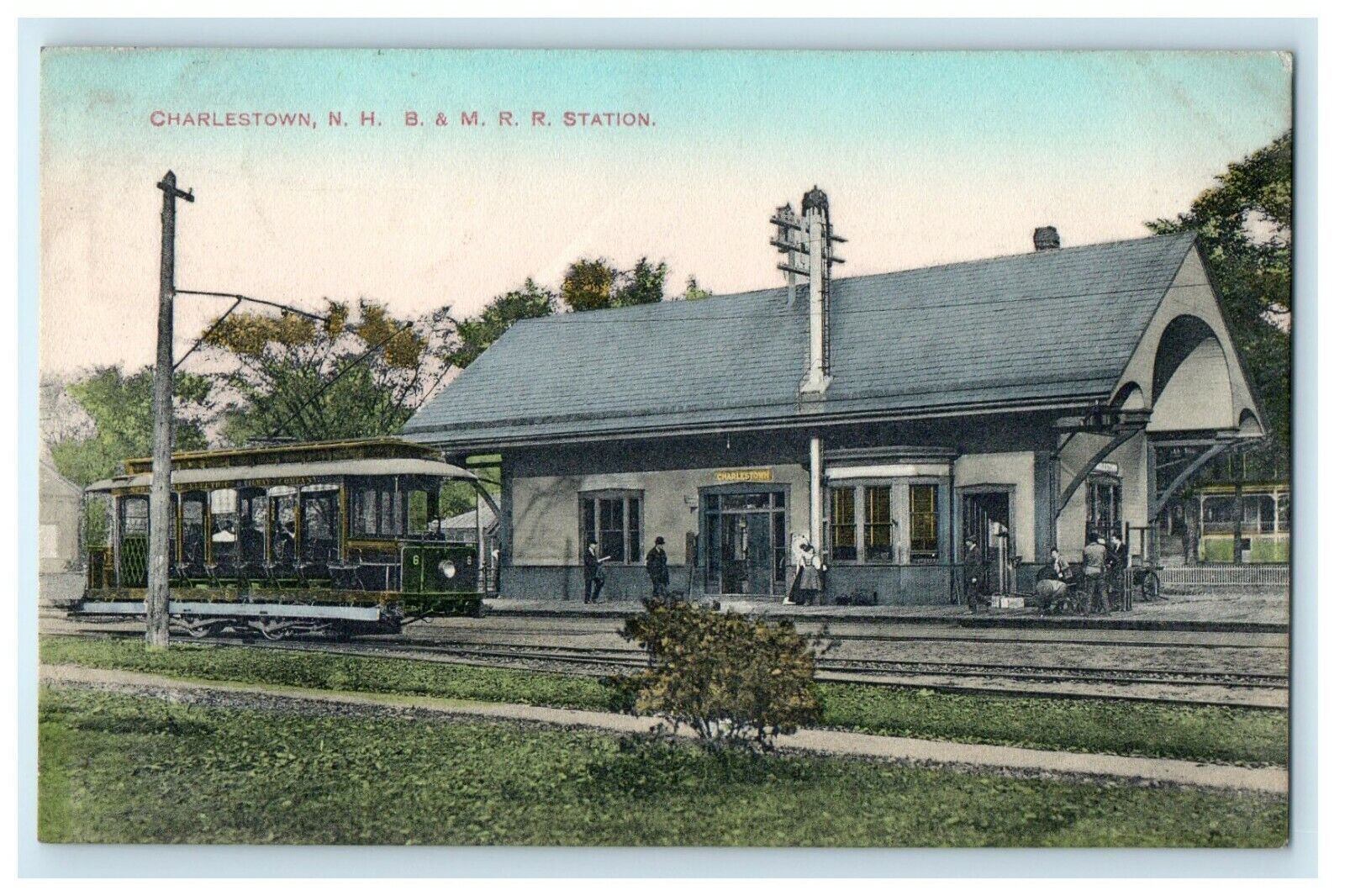 1910 Charlestown B&M Railroad Station New Hampshire Handcolored Postcard