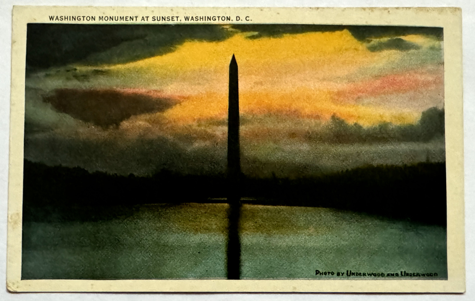 Washington Monument at Sunset Washington DC Underwood and Underwood Postcard