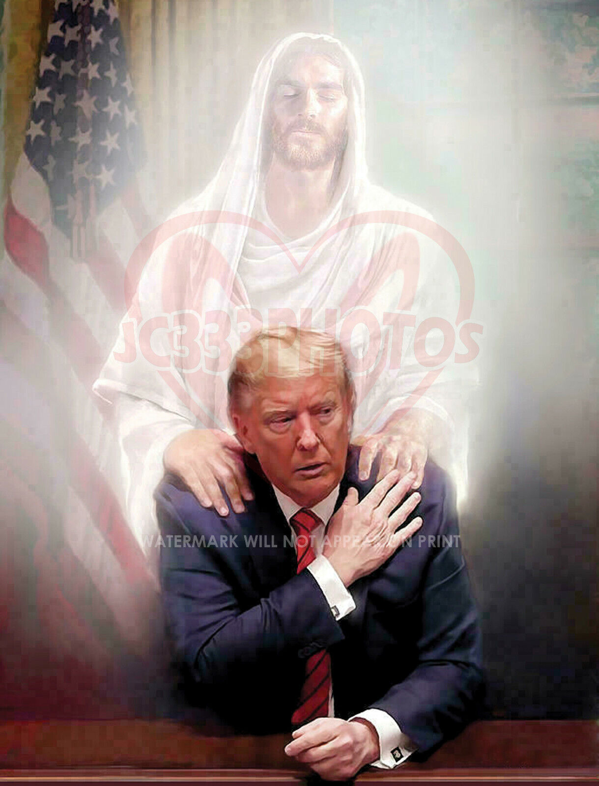 JESUS CHRIST 8.5X11 PHOTO PRAYING WITH PRESIDENT DONALD TRUMP MAGA REPRINT